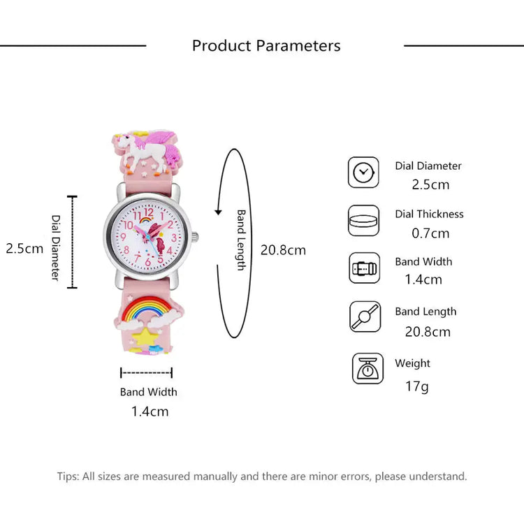Unicorn kids quartz watch product dimensions