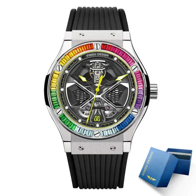 PINDU Watches High Quality Luxury Color Diamond Mechanical Watch For Men Waterproof Stainless Steel Silicone Strap Fashion Watch Inspirational Watches