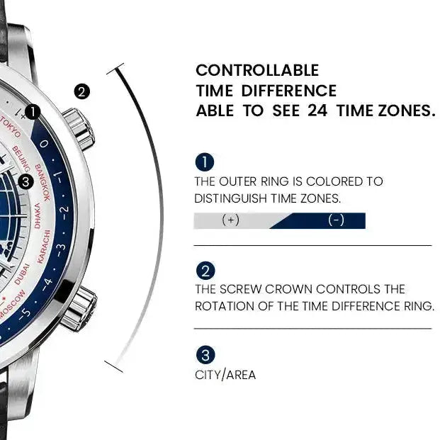 World Time Luxury Business Formal Automatic Mechanical Inspirational Watches