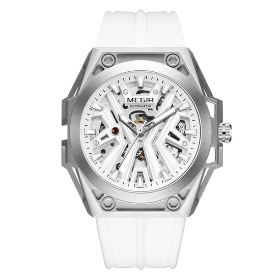 MEGIR Skeleton Dial Men Mechanical Watch Silicone Strap 316 Stainless Steel Case 50M Waterproof Automatic Wristwatches Men&