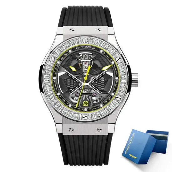 PINDU Watches High Quality Luxury Color Diamond Mechanical Watch For Men Waterproof Stainless Steel Silicone Strap Fashion Watch Inspirational Watches