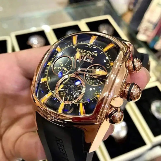 Reef Tiger 316L Stainless Steel Wine Barrel Automatic Watch Fashion Mulitfunction Tourbillon Mechanical Watches for Men RGA3069 Inspirational Watches