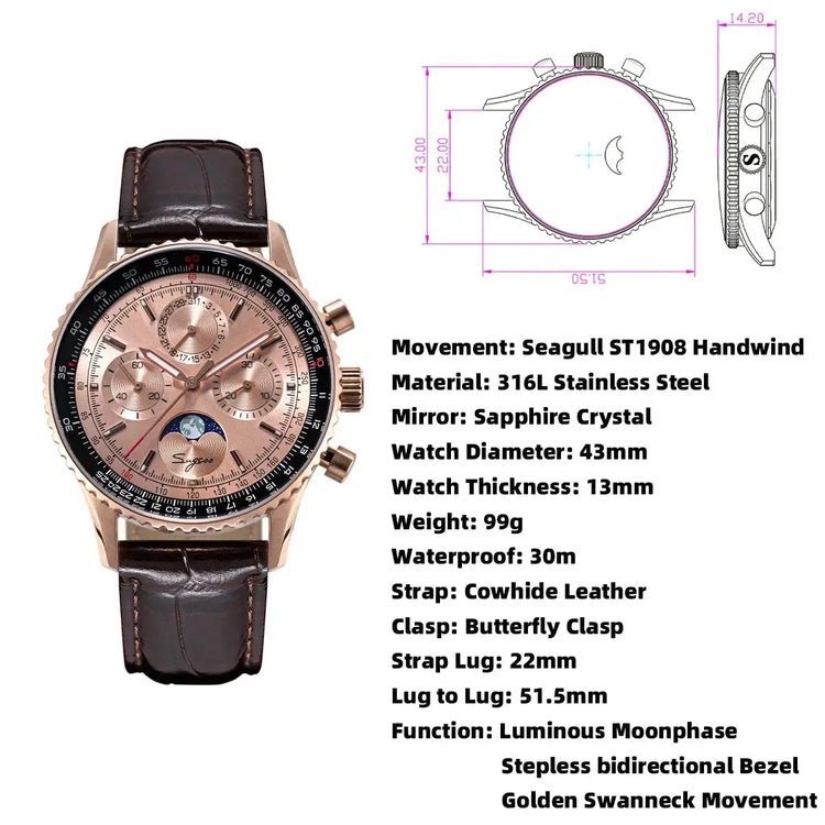 Moon phase Pilot Chronograph Mechanical Tianjin ST1908 Movement Inspirational Watches