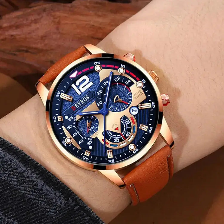 2PCS Set Fashion Calendar Watches Male Business Casual Brown Leather - Inspirational Watches