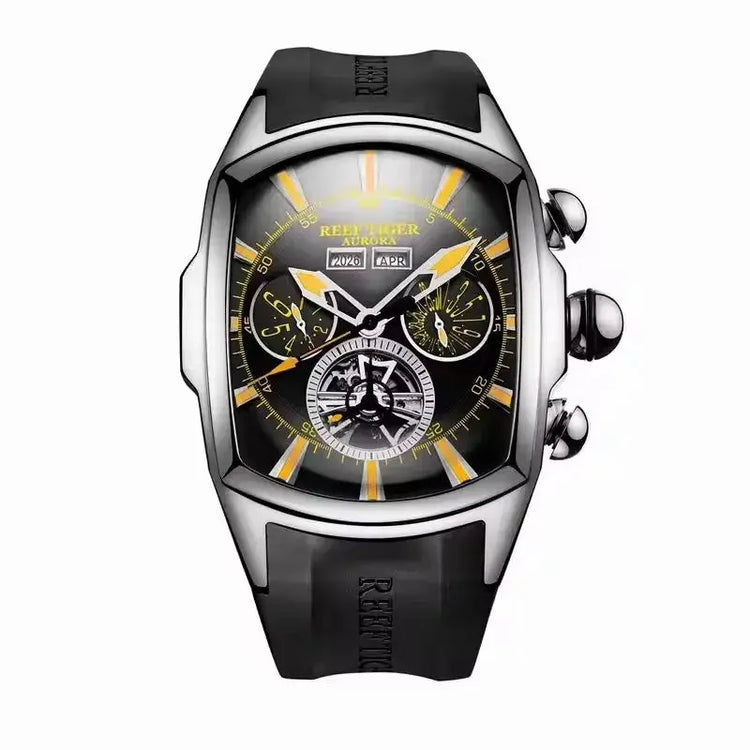 Reef Tiger 316L Stainless Steel Wine Barrel Automatic Watch Fashion Mulitfunction Tourbillon Mechanical Watches for Men RGA3069 Inspirational Watches