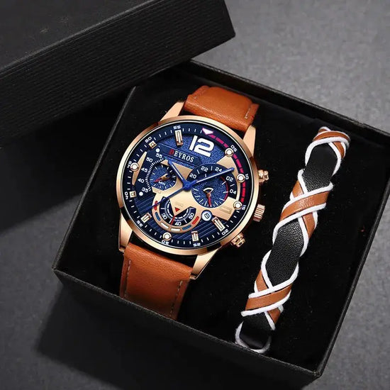 2PCS Set Fashion Calendar Watches Male Business Casual Brown Leather - Inspirational Watches