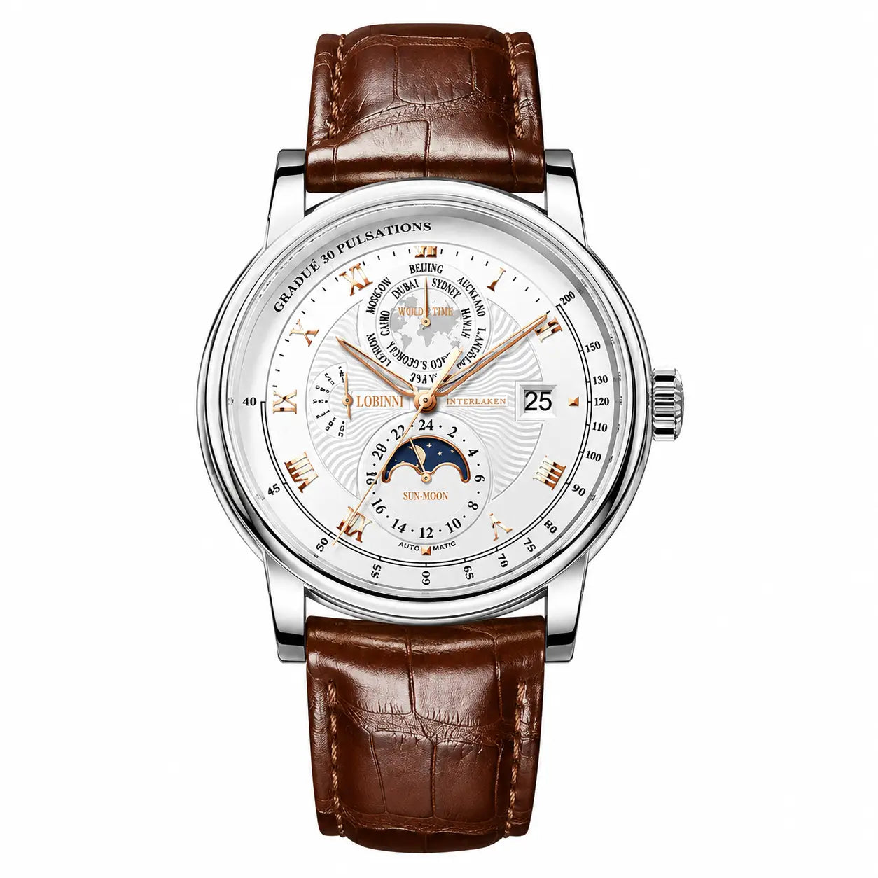 Automatic World Time Watch – Moon Phase & Sapphire Crystal Inspirational Watches