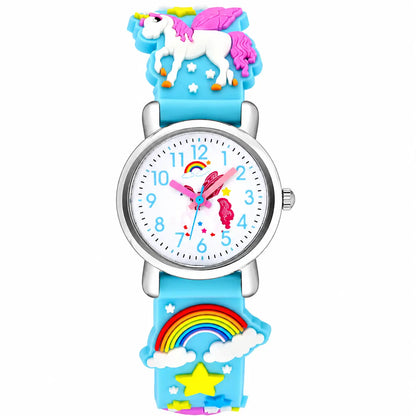 Unicorn kids quartz watch in sky blue with 3D rainbow and unicorn strap