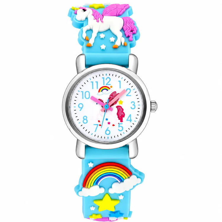 Unicorn kids quartz watch in sky blue with 3D rainbow and unicorn strap
