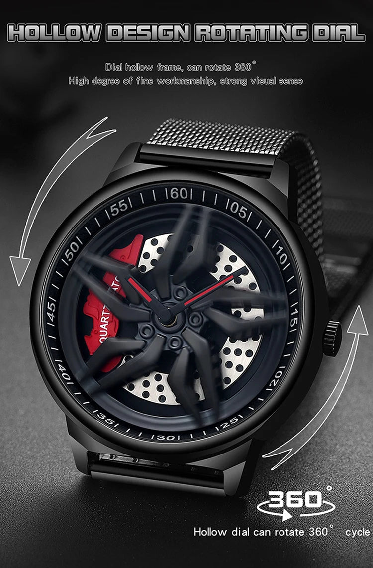 Rotating Dial Waterproof Car Wheel Watch Men Quartz Sport Steel Clock Creative Rim Hub Wheel Wristwatch Relogio Masculine Inspirational Watches
