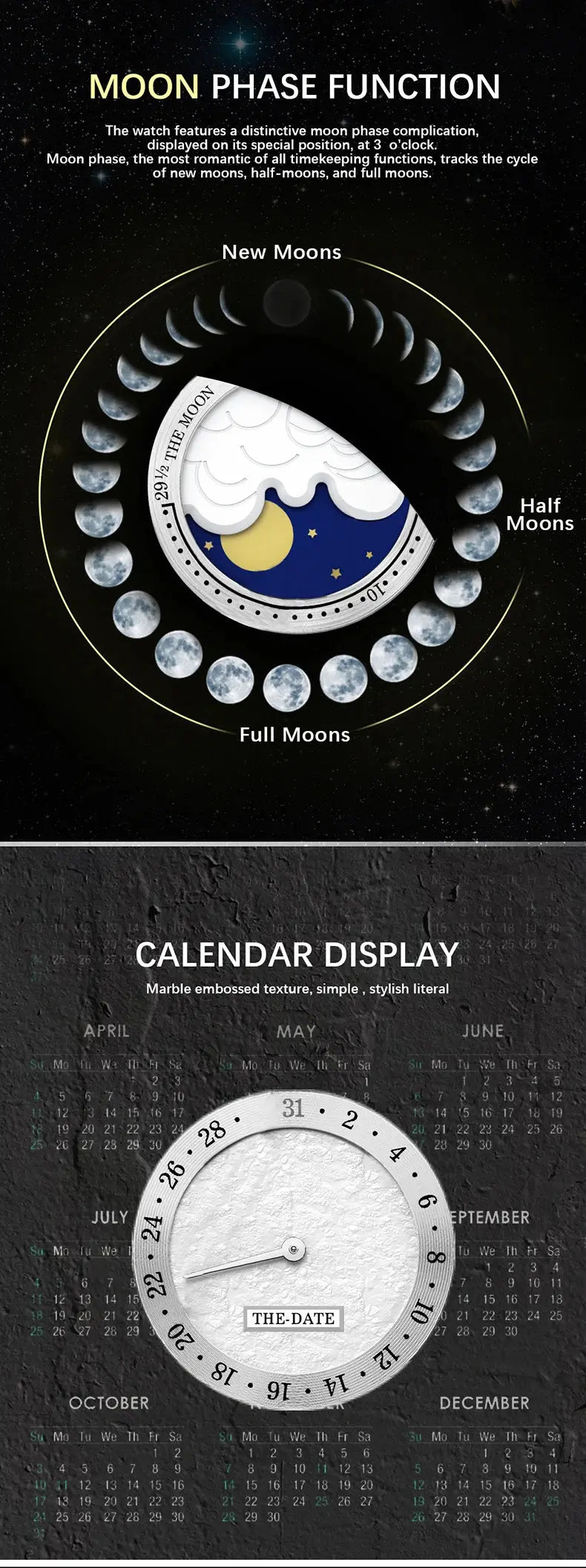 Moon Phase Mechanical Automatic Water Resistant Inspirational Watches