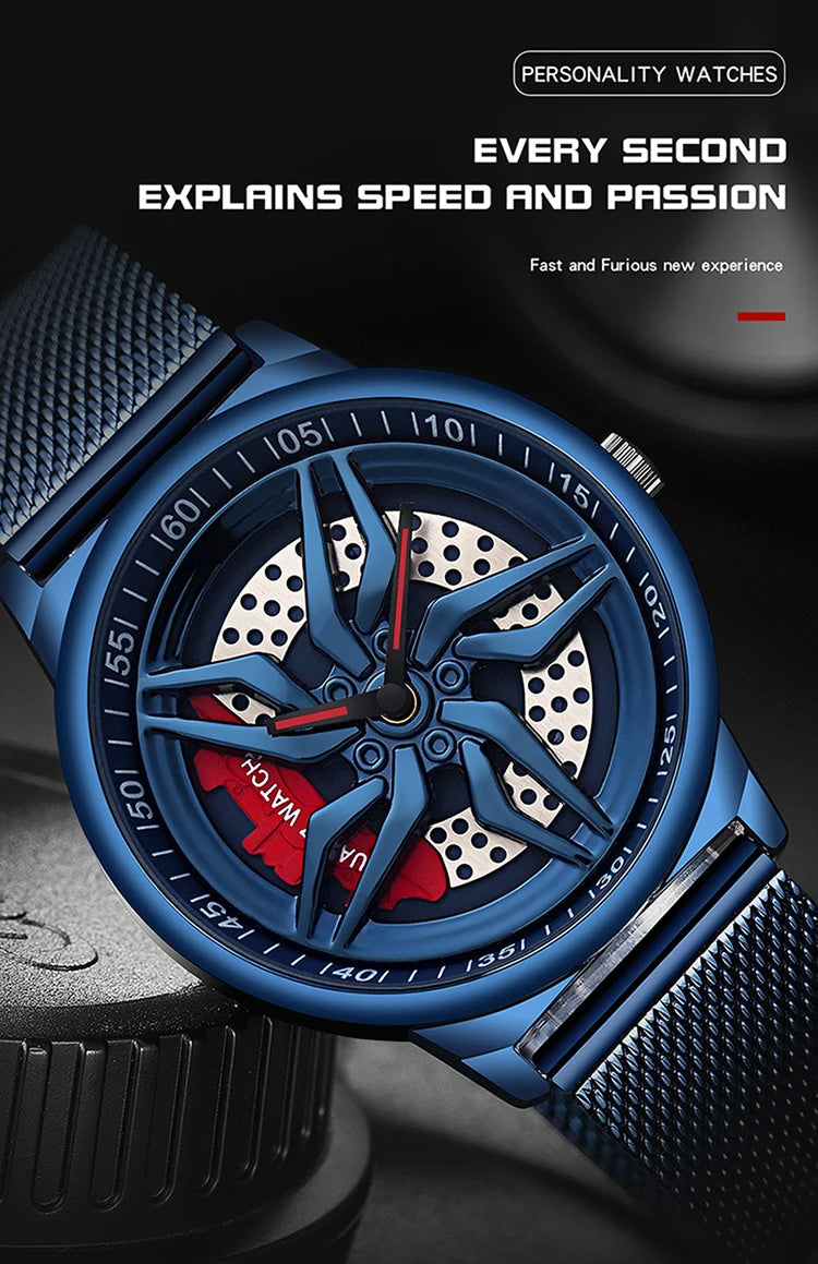 Rotating Dial Waterproof Car Wheel Watch Men Quartz Sport Steel Clock Creative Rim Hub Wheel Wristwatch Relogio Masculine Inspirational Watches