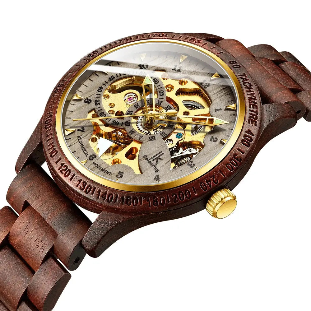 Classic Wooden Automatic Skeleton Watch for Men – Transparent Mechanical Wristwatch with Wooden Strap - Inspirational Watches