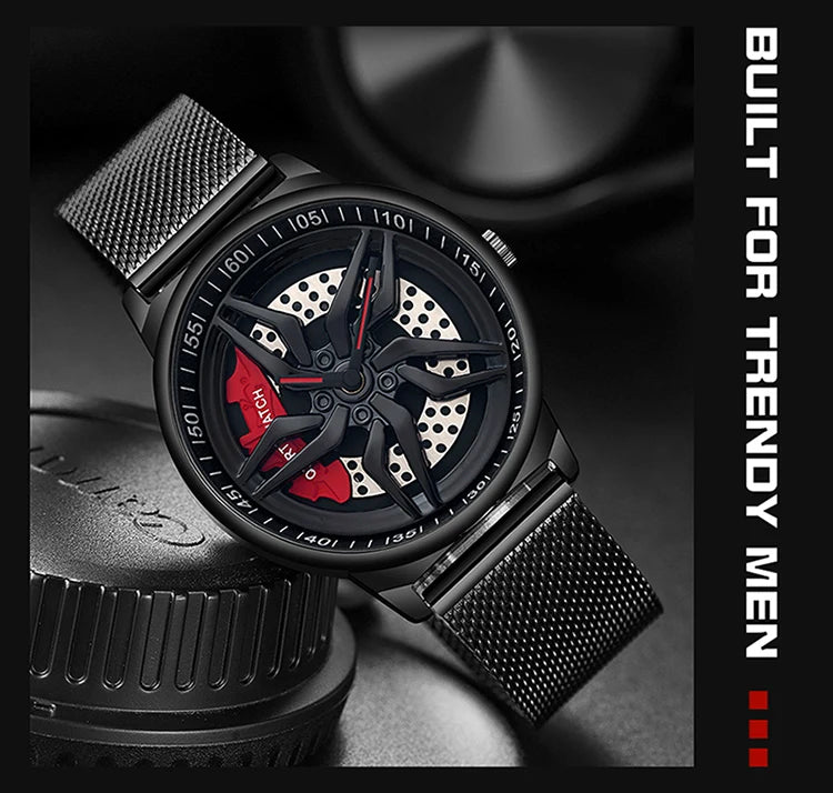 Rotating Dial Waterproof Car Wheel Watch Men Quartz Sport Steel Clock Creative Rim Hub Wheel Wristwatch Relogio Masculine Inspirational Watches