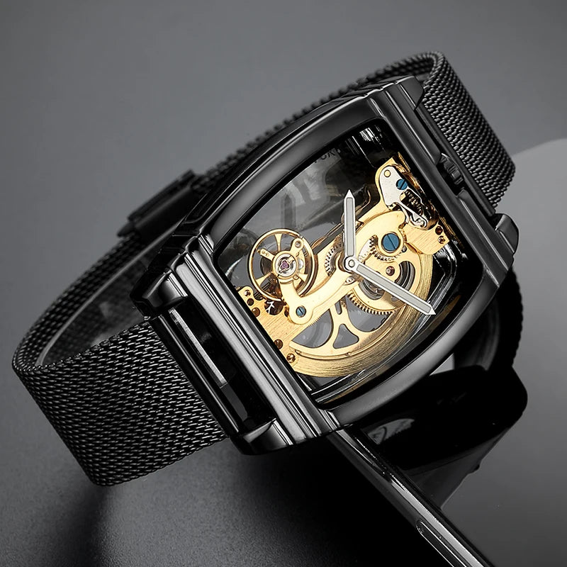 Transparent Automatic Mechanical Watch Men Steampunk Skeleton Luxury Gear Self Winding Leather Mens Clock Watches Montre Homme Inspirational Watches