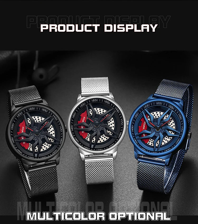 Rotating Dial Waterproof Car Wheel Watch Men Quartz Sport Steel Clock Creative Rim Hub Wheel Wristwatch Relogio Masculine Inspirational Watches