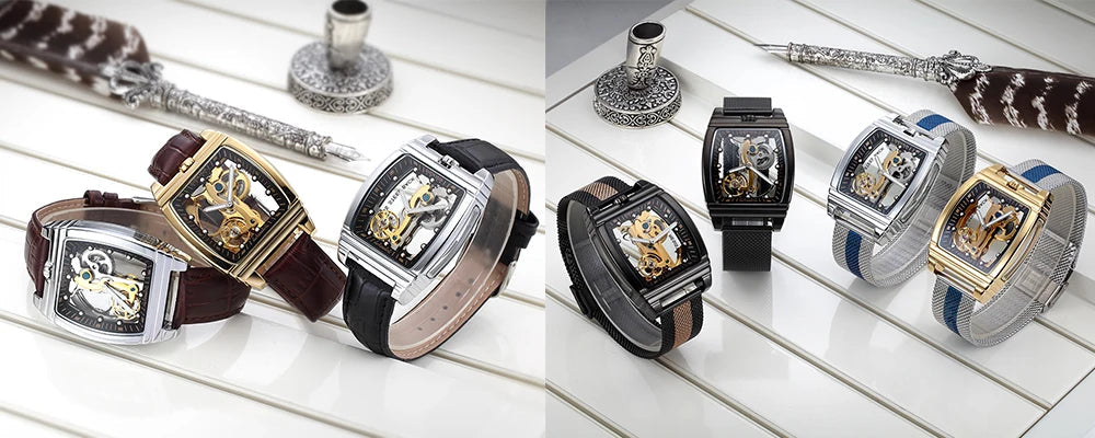 Transparent Automatic Mechanical Watch Men Steampunk Skeleton Luxury Gear Self Winding Leather Mens Clock Watches Montre Homme Inspirational Watches