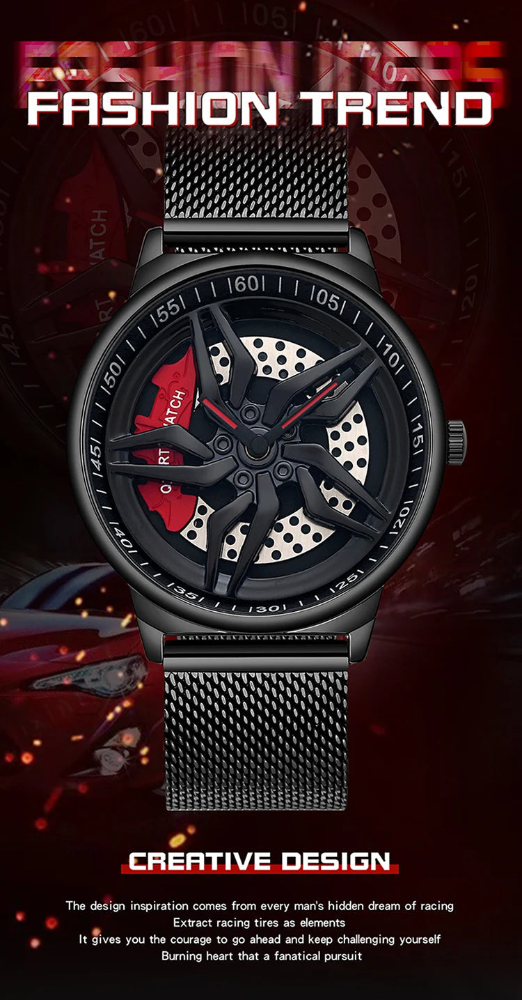 Rotating Dial Waterproof Car Wheel Watch Men Quartz Sport Steel Clock Creative Rim Hub Wheel Wristwatch Relogio Masculine Inspirational Watches