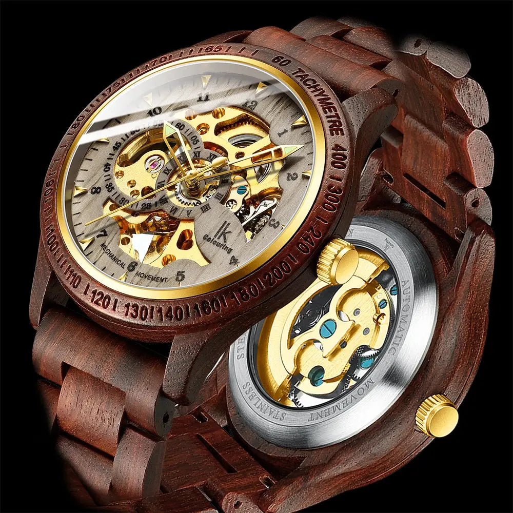 Classic Wooden Automatic Skeleton Watch for Men – Transparent Mechanical Wristwatch with Wooden Strap - Inspirational Watches
