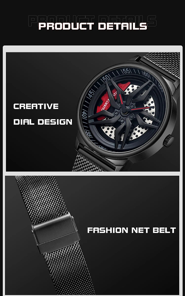 Rotating Dial Waterproof Car Wheel Watch Men Quartz Sport Steel Clock Creative Rim Hub Wheel Wristwatch Relogio Masculine Inspirational Watches