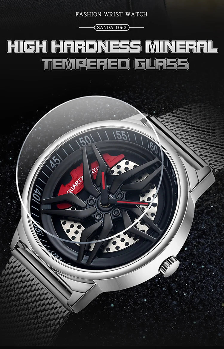 Rotating Dial Waterproof Car Wheel Watch Men Quartz Sport Steel Clock Creative Rim Hub Wheel Wristwatch Relogio Masculine Inspirational Watches