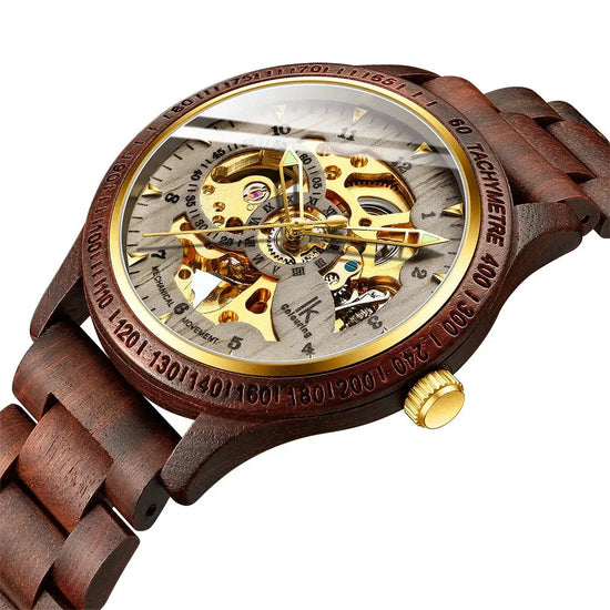 Classic Wooden Automatic Skeleton Watch for Men – Transparent Mechanical Wristwatch with Wooden Strap - Inspirational Watches
