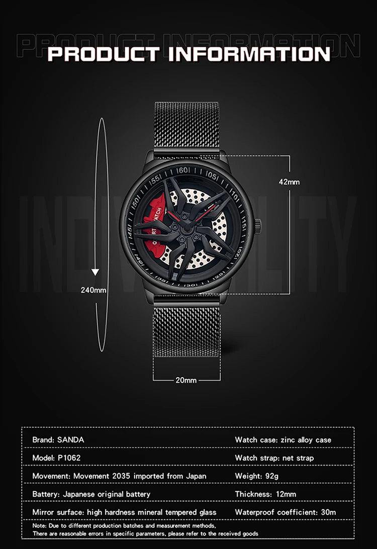 Rotating Dial Waterproof Car Wheel Watch Men Quartz Sport Steel Clock Creative Rim Hub Wheel Wristwatch Relogio Masculine Inspirational Watches