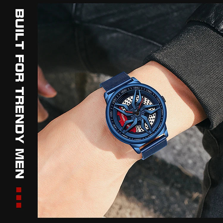 Rotating Dial Waterproof Car Wheel Watch Men Quartz Sport Steel Clock Creative Rim Hub Wheel Wristwatch Relogio Masculine Inspirational Watches
