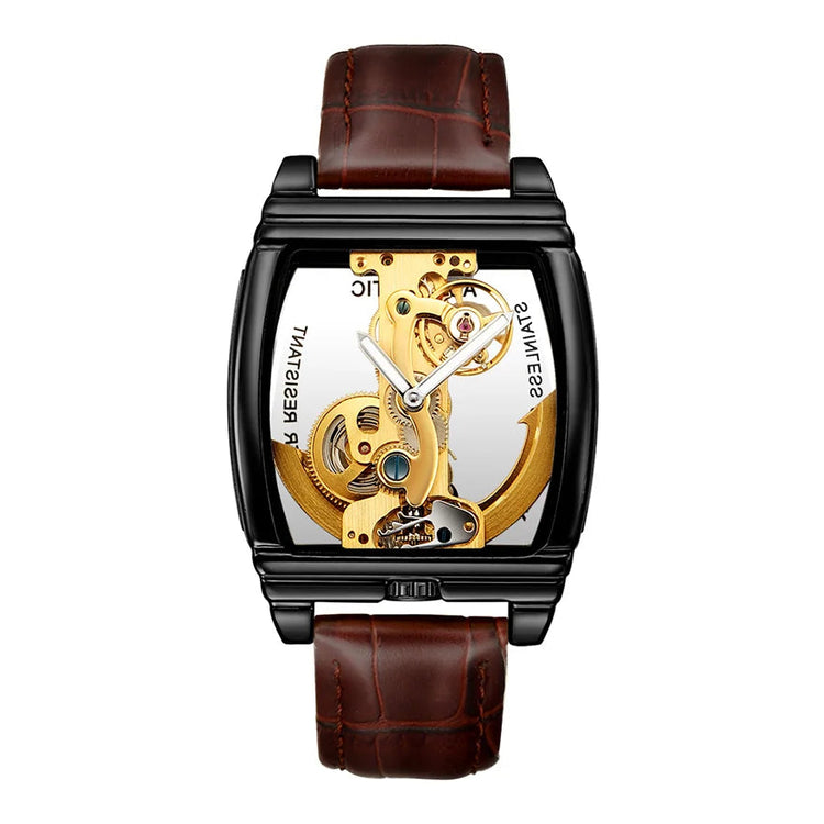 Transparent Automatic Mechanical Watch Men Steampunk Skeleton Luxury Gear Self Winding Leather Mens Clock Watches Montre Homme Inspirational Watches