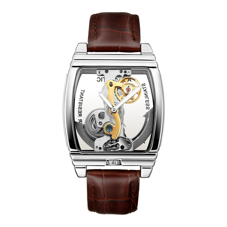SHENHUA Mens Watches Top Brand Luxury Automatic Mechanical Transparent Skeleton Bridge Watch Leather Belt Wristwatch Male Clock Inspirational Watches