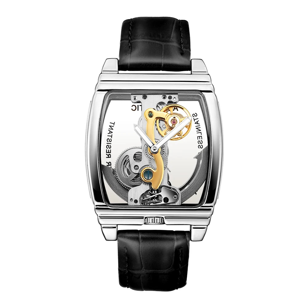 SHENHUA Mens Watches Top Brand Luxury Automatic Mechanical Transparent Skeleton Bridge Watch Leather Belt Wristwatch Male Clock Inspirational Watches