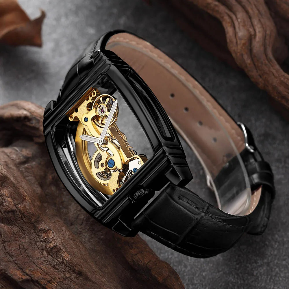 Transparent Automatic Mechanical Watch Men Steampunk Skeleton Luxury Gear Self Winding Leather Mens Clock Watches Montre Homme Inspirational Watches