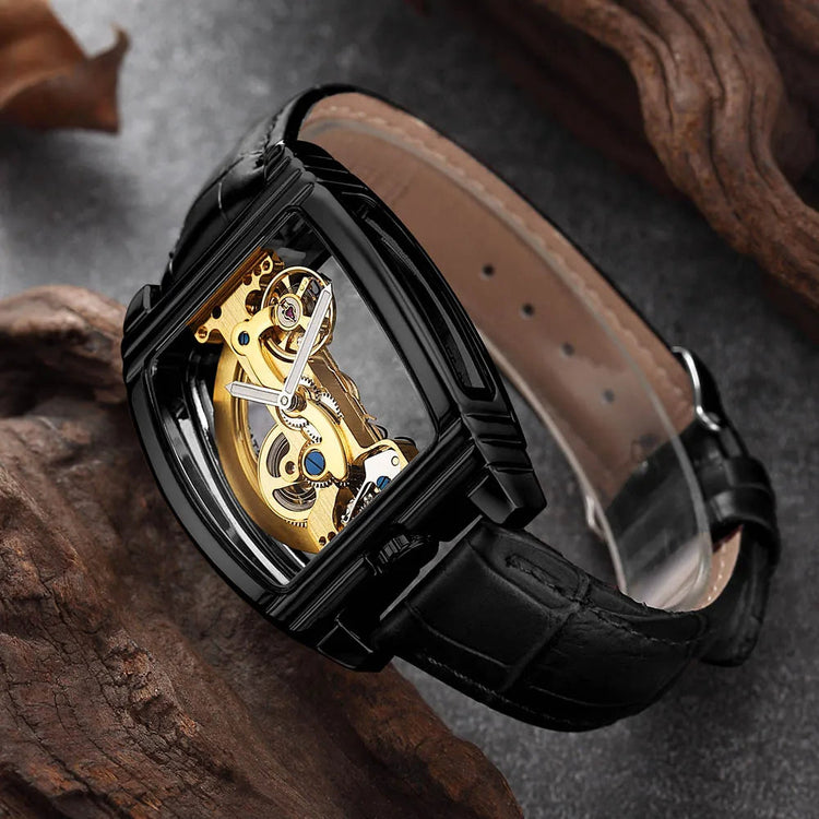 Transparent Automatic Mechanical Watch Men Steampunk Skeleton Luxury Gear Self Winding Leather Mens Clock Watches Montre Homme Inspirational Watches