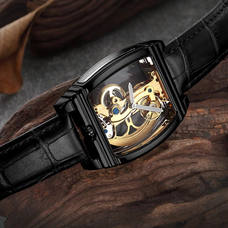 Transparent Automatic Mechanical Watch Men Steampunk Skeleton Luxury Gear Self Winding Leather Mens Clock Watches Montre Homme Inspirational Watches