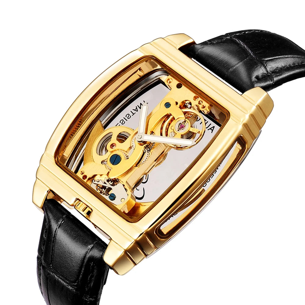 SHENHUA Mens Watches Top Brand Luxury Automatic Mechanical Transparent Skeleton Bridge Watch Leather Belt Wristwatch Male Clock Inspirational Watches