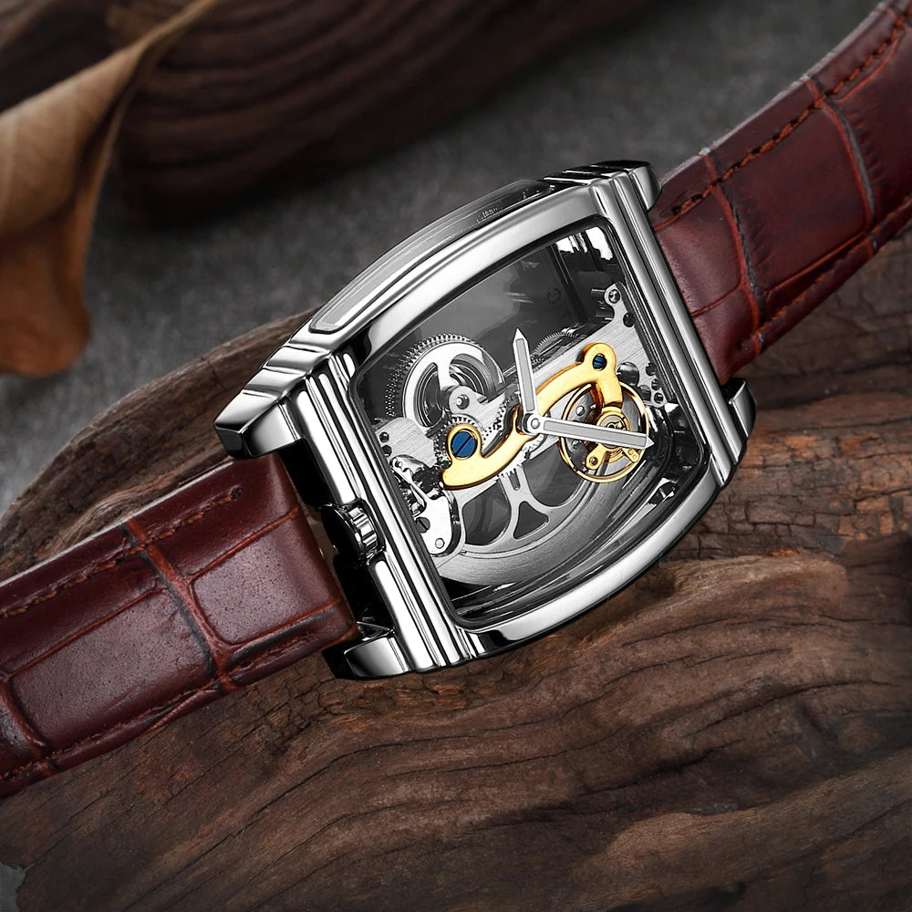 SHENHUA Mens Watches Top Brand Luxury Automatic Mechanical Transparent Skeleton Bridge Watch Leather Belt Wristwatch Male Clock Inspirational Watches