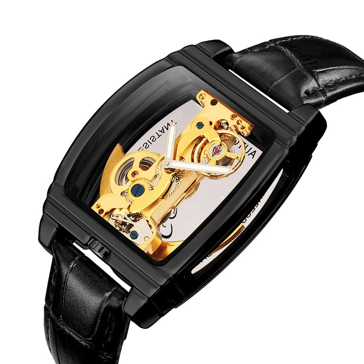 SHENHUA Mens Watches Top Brand Luxury Automatic Mechanical Transparent Skeleton Bridge Watch Leather Belt Wristwatch Male Clock Inspirational Watches