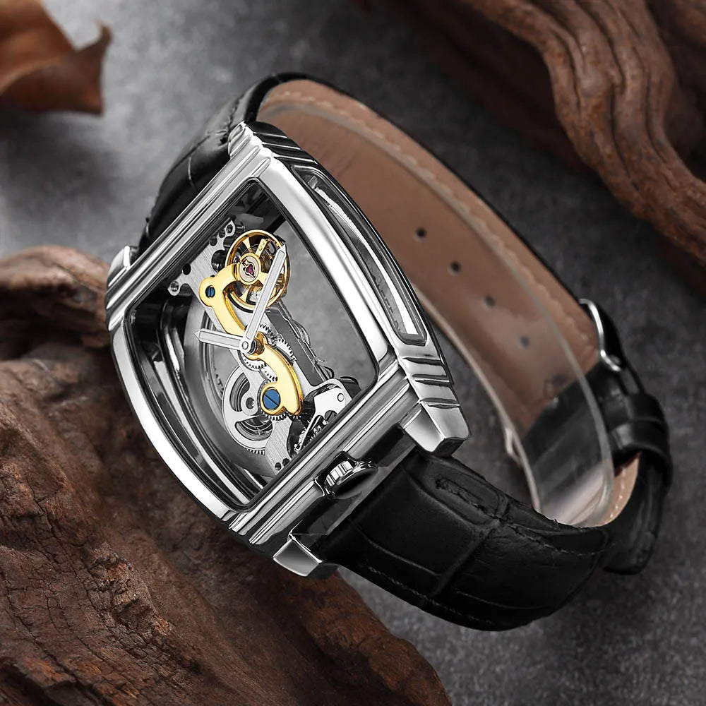 Transparent Automatic Mechanical Watch Men Steampunk Skeleton Luxury Gear Self Winding Leather Mens Clock Watches Montre Homme Inspirational Watches