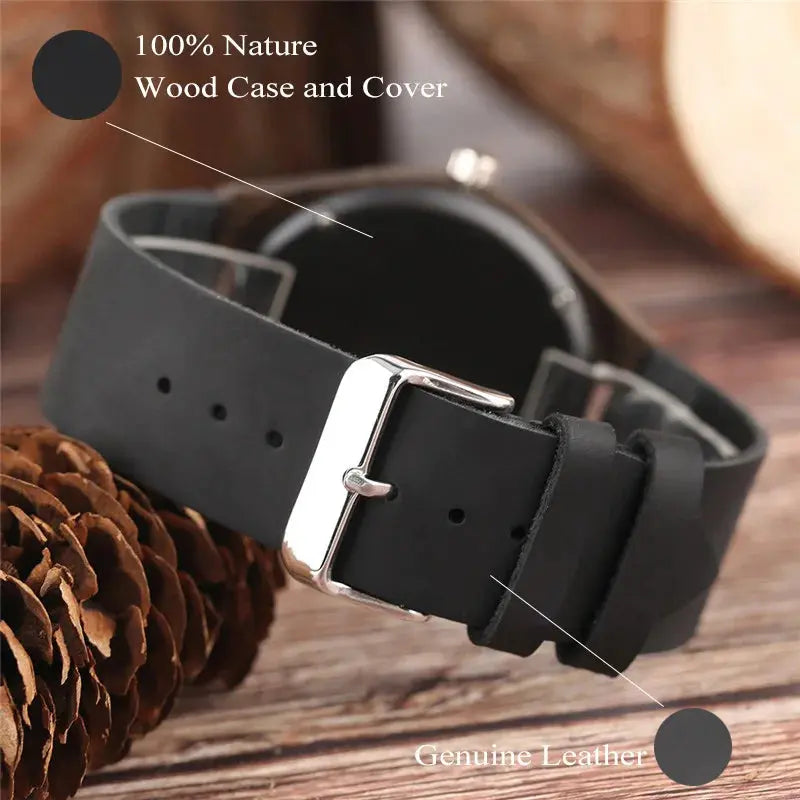 Dark Wooden Watch for Men & Women – Premium Bamboo Quartz Watch with Leather Strap - Inspirational Watches