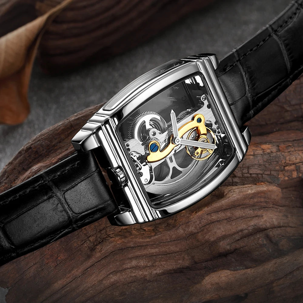 SHENHUA Mens Watches Top Brand Luxury Automatic Mechanical Transparent Skeleton Bridge Watch Leather Belt Wristwatch Male Clock Inspirational Watches