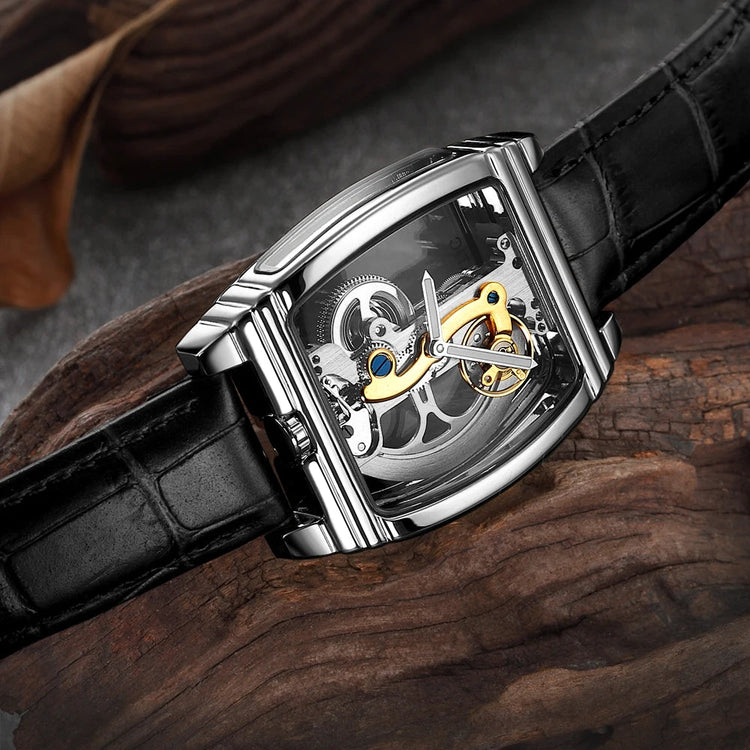 SHENHUA Mens Watches Top Brand Luxury Automatic Mechanical Transparent Skeleton Bridge Watch Leather Belt Wristwatch Male Clock Inspirational Watches
