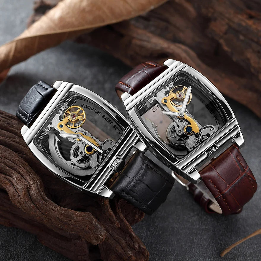 Transparent Automatic Mechanical Watch Men Steampunk Skeleton Luxury Gear Self Winding Leather Mens Clock Watches Montre Homme Inspirational Watches