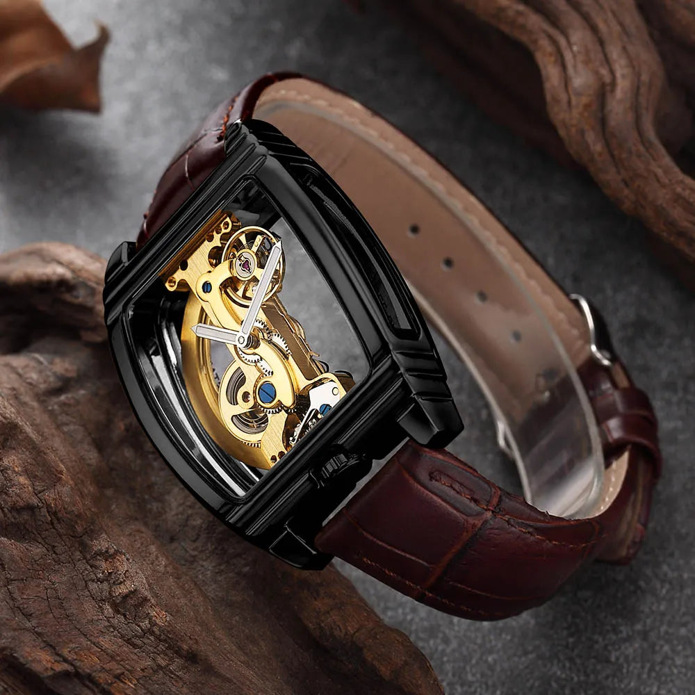 Transparent Automatic Mechanical Watch Men Steampunk Skeleton Luxury Gear Self Winding Leather Mens Clock Watches Montre Homme Inspirational Watches