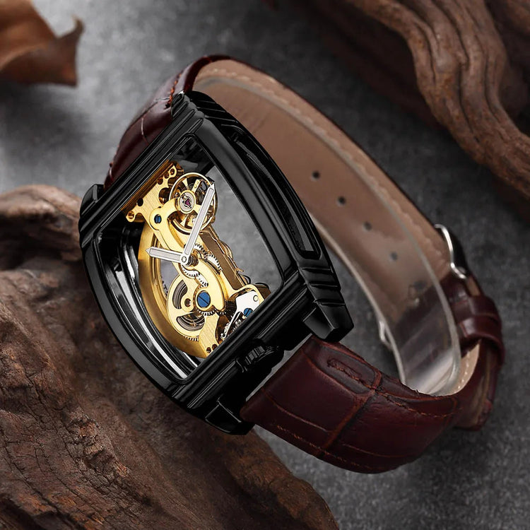 Transparent Automatic Mechanical Watch Men Steampunk Skeleton Luxury Gear Self Winding Leather Mens Clock Watches Montre Homme Inspirational Watches