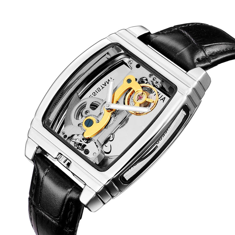 SHENHUA Mens Watches Top Brand Luxury Automatic Mechanical Transparent Skeleton Bridge Watch Leather Belt Wristwatch Male Clock Inspirational Watches