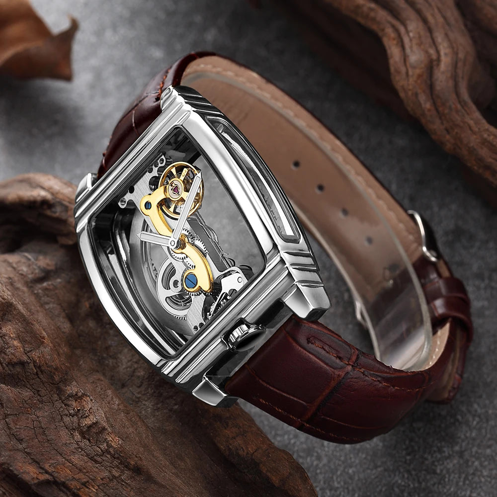SHENHUA Mens Watches Top Brand Luxury Automatic Mechanical Transparent Skeleton Bridge Watch Leather Belt Wristwatch Male Clock Inspirational Watches