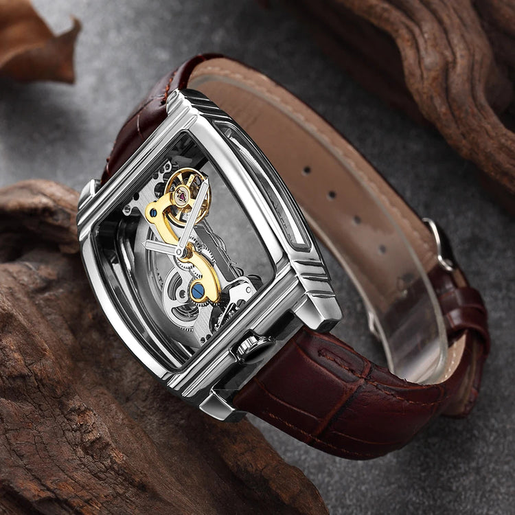 SHENHUA Mens Watches Top Brand Luxury Automatic Mechanical Transparent Skeleton Bridge Watch Leather Belt Wristwatch Male Clock Inspirational Watches