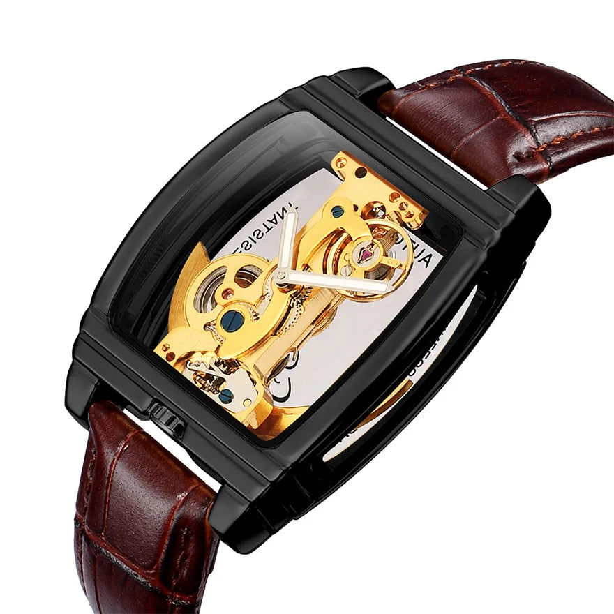 Transparent Automatic Mechanical Watch Men Steampunk Skeleton Luxury Gear Self Winding Leather Mens Clock Watches Montre Homme Inspirational Watches