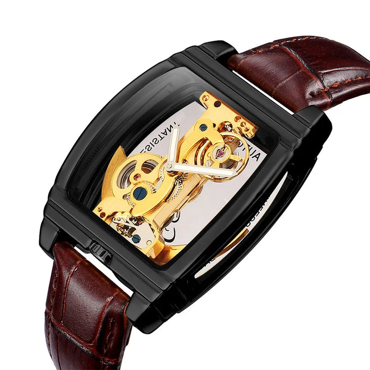 Transparent Automatic Mechanical Watch Men Steampunk Skeleton Luxury Gear Self Winding Leather Mens Clock Watches Montre Homme Inspirational Watches