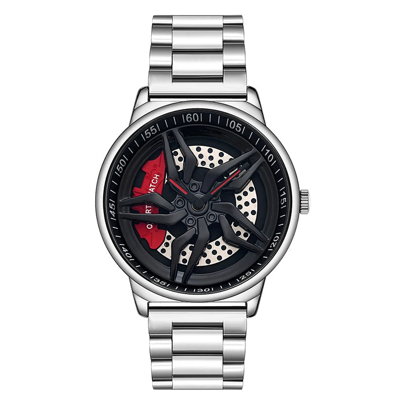 Rotating Dial Waterproof Car Wheel Watch Men Quartz Sport Steel Clock Creative Rim Hub Wheel Wristwatch Relogio Masculine Inspirational Watches